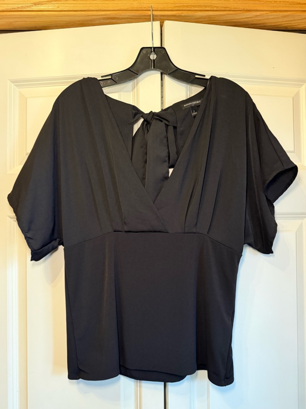 Banana Republic Black Sheen V-Neck Tie-Back Blouse